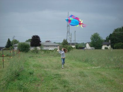 moi dans le champ avec mon joli serf-volant de poisson