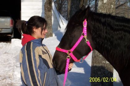 Un fille et son cheval avec licou rose
