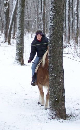Cavalière qui essaie de passer sous une branche