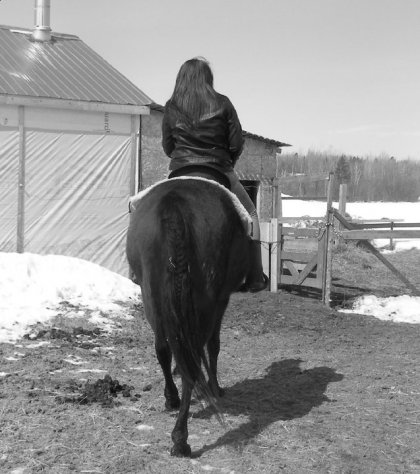 Photo noire et blanc d'une cavalière et son cheval de dos