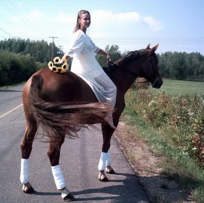 Cavalière en robe blanche sur sa jument