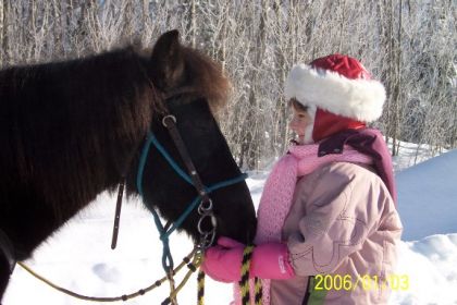 Jeune fille et poney en hiver