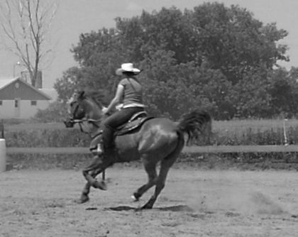 Photo noir et blanc d'une cavalière sur son cheval au galop 