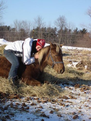 Portrait d,une fille sur un cheval couché