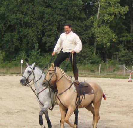 http://www.vincentliberator.com/spectacle-equestre-poste-hongroise.php

C'est un cavalier debout sur 2 chevaux :)
