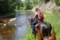 Moi!

En fait, m&ecirc;me si c'est le cheval de mon chum, c'est moi qui le ride. Il est vraiment bon en randonn&eacute;e. Il passe PARTOUT!
Un vrai petit...