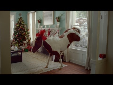 Publicité avec un poney. Une fille reçoit un poney en cadeau a Noel.