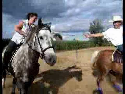 Ma m&egrave;re sur son percheron avec Cowboy dans le jeux du relais dans un gymkhana amateur!!! L&eacute; 2 gros mous se tra&icirc;nent la...