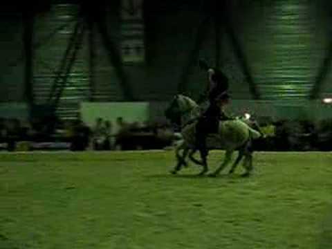 Un cracheur de feu sur 2 chevaux au galop!